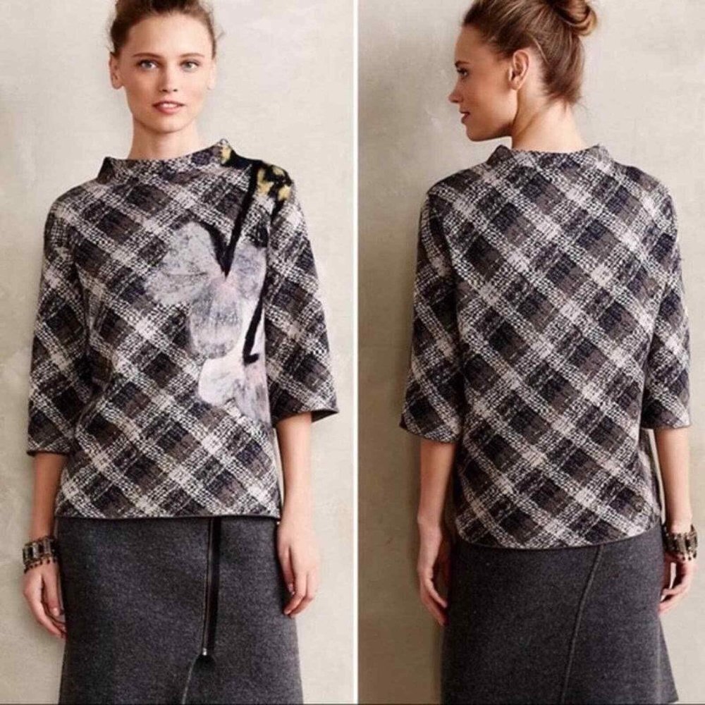 Anthropologie Troubadour Sweater Med Wool Plaid Over Shoulder Petal Flower Art